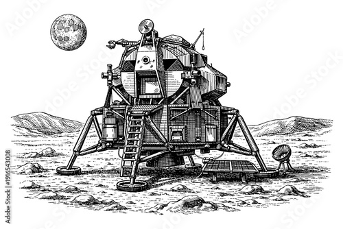 Intricate black and white lunar lander with moon in detailed sketch style