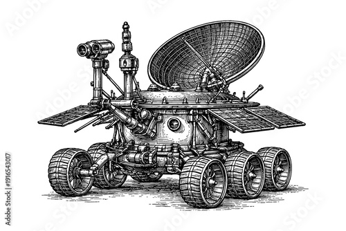 Detailed vintage-style space rover with antenna and cameras