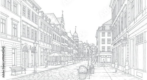 European city street scene with historic buildings
