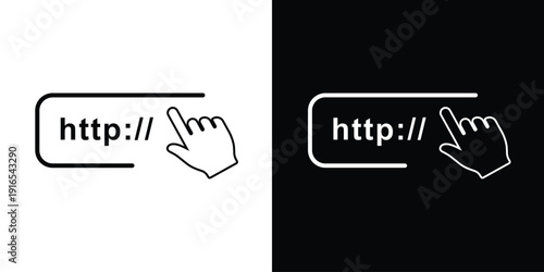 Minimalist web URL address bar icon with "http://" and a hand clicking the cursor. Linear vector set in black and white backgrounds for website UX/UI design and digital access.