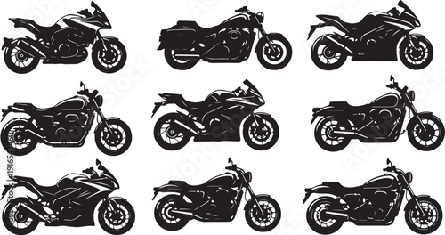 Collection of various motorcycle silhouettes in black and white