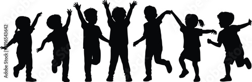 Children silhouettes playing together, joyful kids activity, childhood fun, group of friends, happy children jumping, teamwork, innocence, community bonding, outdoor play