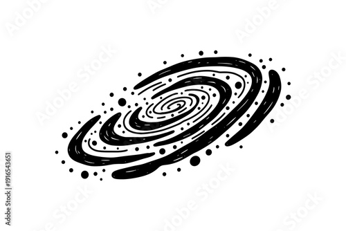 Abstract black and white spiral galaxy with dots and swirls on white background