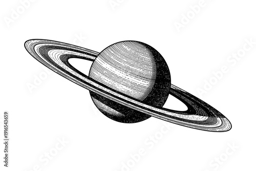 Vintage saturn with rings in intricate etching style on white background