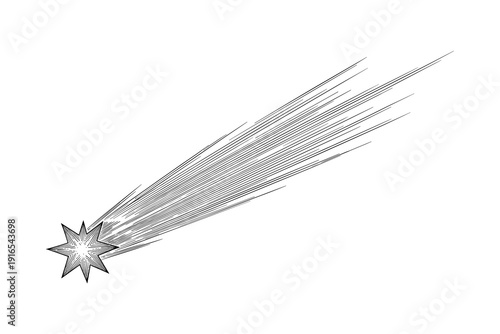 Vintage engraved comet with radiant tail in black and white design