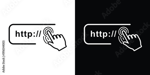 Minimalist web URL address bar icon with "http://" and a hand clicking the cursor. Linear vector set in black and white backgrounds for website UX/UI design and digital access.