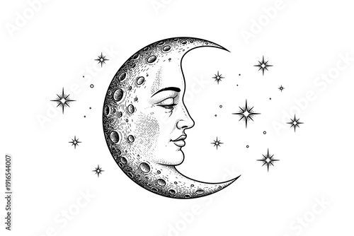 Vintage moon profile with stars and detailed celestial engraving