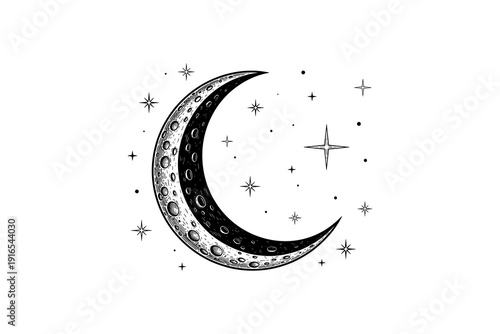 Celestial moon and stars design in detailed black and white style