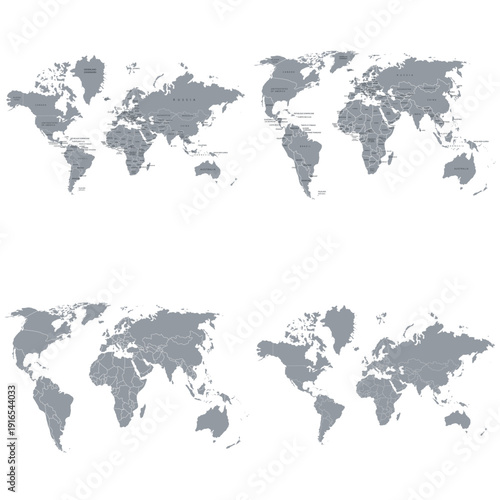 A collection of political maps of the world with country names. A set of gray political maps on a white background. Countries. Map sketches.