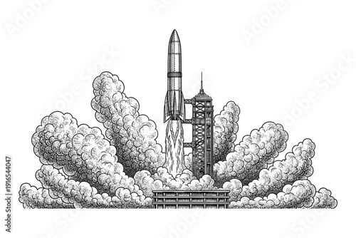 Retro rocket launch with intricate line art detailing a vintage spacecraft liftoff scene