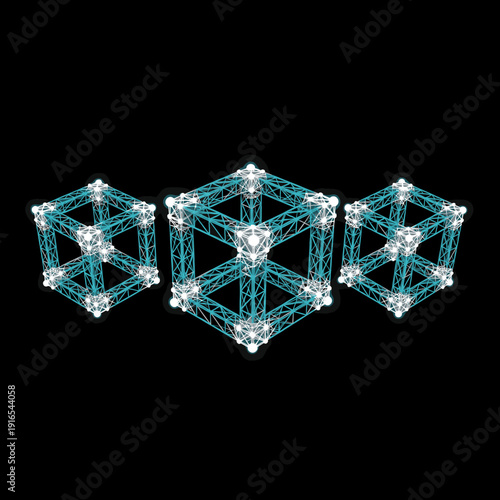 Hyper-clean 3D low-poly wireframe of modular replacement components featuring a disassembled geometric cube with floating sub-sections and cyan plexus mesh lines