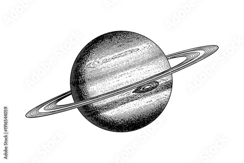 Vintage engraving of saturn and rings with detailed texture