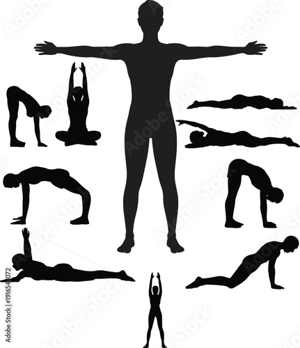 Exercise silhouettes, yoga positions, fitness training, meditation balance, stretching poses, healthy lifestyle, anatomy posture, workout routine, wellness concept, body movement art