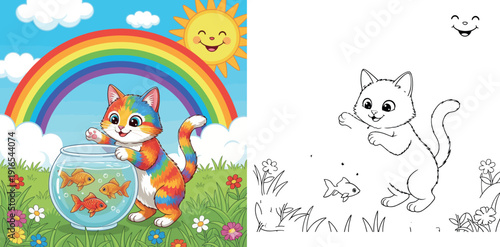Playful Rainbow Cat Reaching into a Fishbowl with Goldfish Under a Bright Rainbow and Smiling Sun