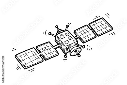 Monochrome hand drawn satellite design with solar panels and antenna
