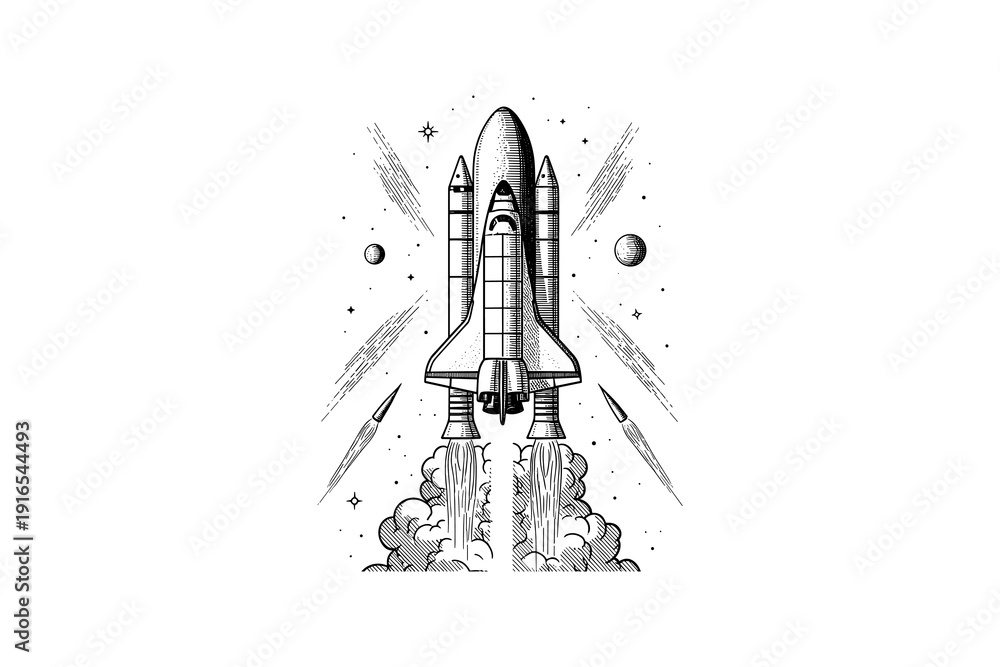 Fototapeta premium Retro style rocket launch with space elements and stars