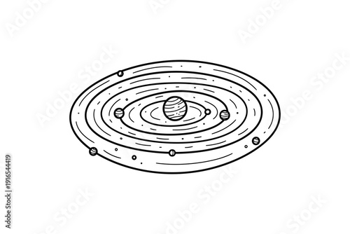 Linear style planetary orbit with central celestial body and moons
