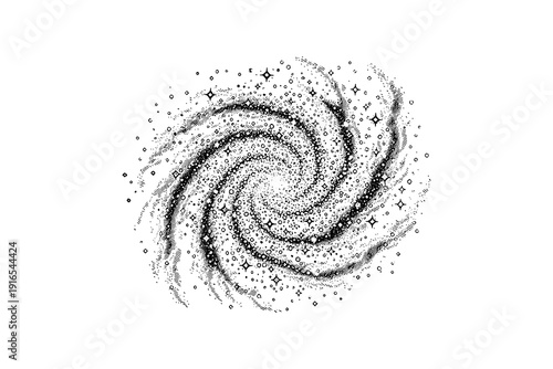 Cosmic swirl of dotted galaxy with stars and sparkles in monochrome design