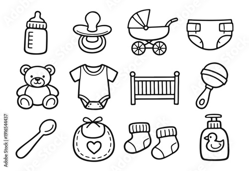 Simple vector line icons of baby products and newborn care items, hand-drawn doodle style on white background.