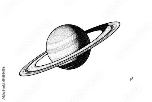 Detailed stippled saturn with rings in black and white ink design
