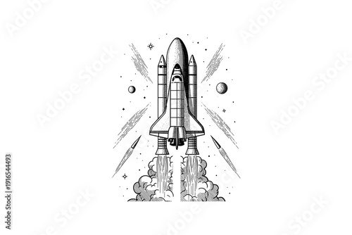 Retro style rocket launch with space elements and stars