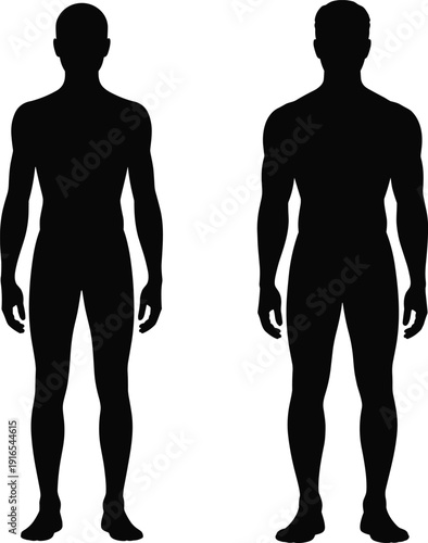 Silhouettes of two human figures side by side, one slim and one muscular, representing different body types for fitness, anatomy, and design illustration concepts.