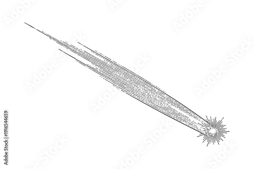 Vintage style comet with tail gliding through space on white background