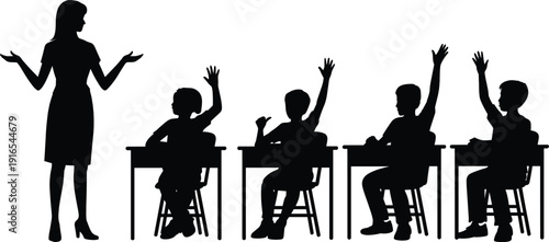 Teacher and students classroom silhouette, children raising hands at desks, school learning and education concept, lesson participation vector illustration isolated on white background.