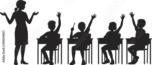 Teacher and students in classroom silhouette, kids raising hands to answer question, school education learning concept, black vector illustration isolated on white background.