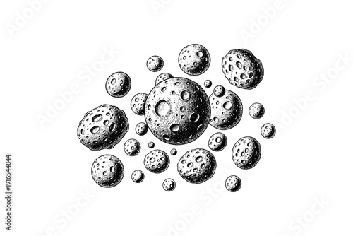 Floating engraved asteroids: detailed space rocks with craters