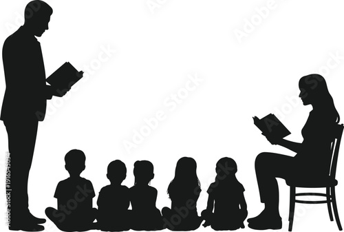 Teacher reading book to children silhouette, classroom storytelling concept, kids sitting on floor listening, education and learning vector illustration isolated on white background.