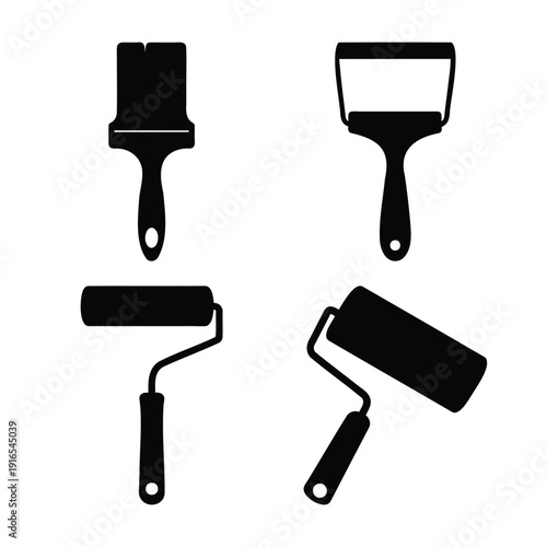 Set of essential painting tools silhouette icons, including various brushes and rollers