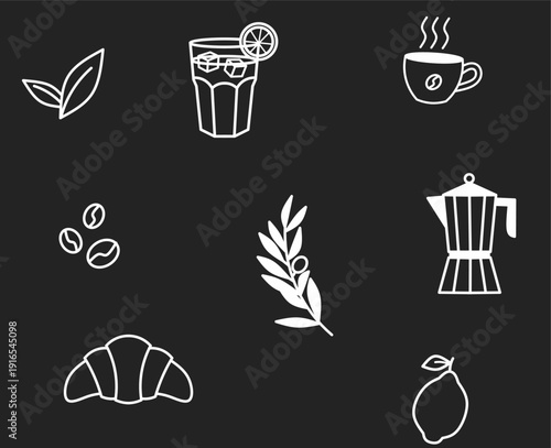 Mediterranean White Line Art Coffee Seamless Pattern on Black Background