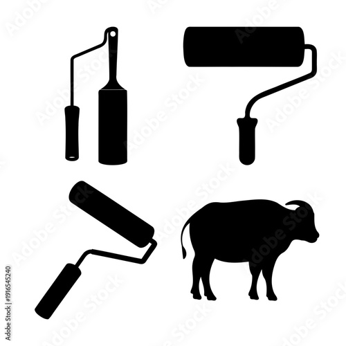 Collection of diverse silhouettes featuring painting tools and a majestic water buffalo