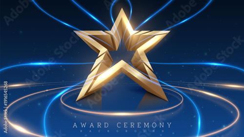 Elegant 3D star display stand with sparkling decoration and bright blue spotlights. Ideal for award ceremonies, celebrations and recognition events. Vector illustration.