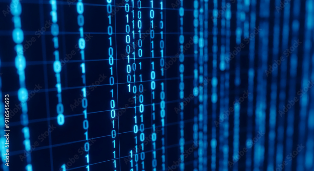 Fototapeta premium Binary code digital data stream with blue glowing numbers and blurred background representing technology and information flow with a futuristic and abstract visual effect