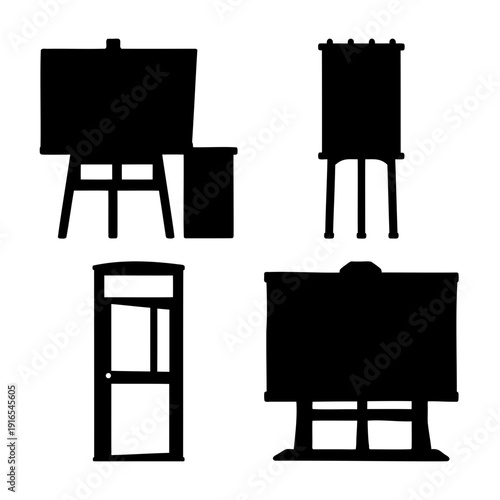 Collection of diverse black silhouettes featuring various display stands and easels
