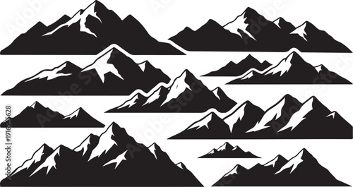 Black and white mountain range landscape silhouette illustration set