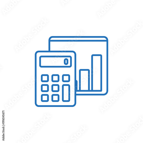 A blue line drawing of a calculator and graph on a tablet for business finance analysis.