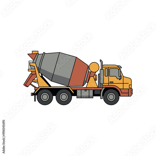 An illustration of a yellow cement mixer truck on a white background with a worker