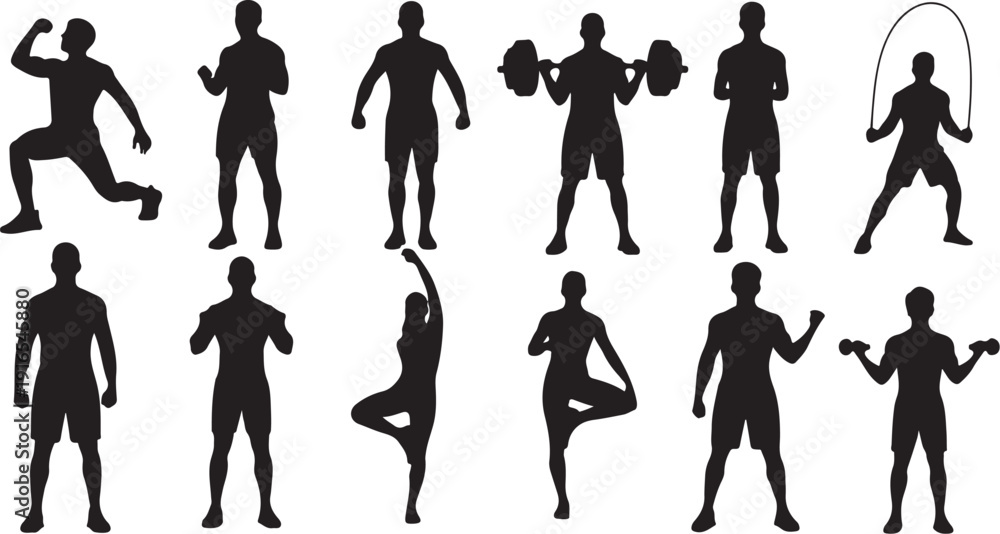 Obraz premium Silhouettes of people exercising in various fitness poses and activities