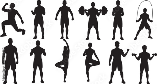 Silhouettes of people exercising in various fitness poses and activities