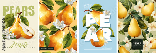 Hand drawn set of designs and patterns. Vectorized gouache illustrations. Illustrations of yellow pears with flowers and leaves for poster, prints, menu, card or textile