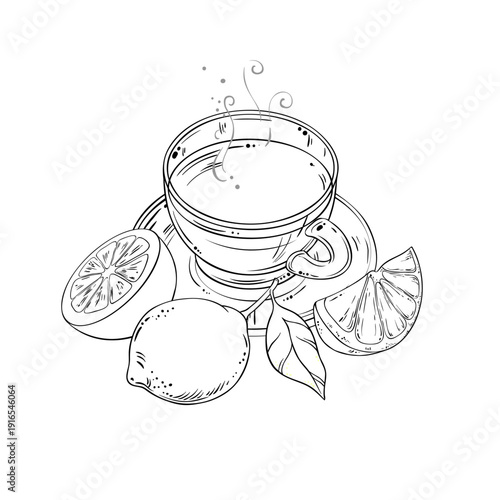 Cup of Lemon Tea aroma beverage Outline Illustration. Vector isolated for Design and Decoration for Cafeteria, Posters, Banners, Cards.