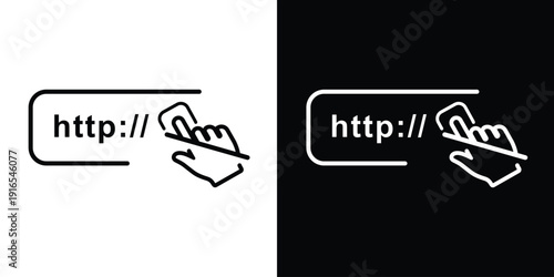Interactive web browser icon with a hand clicking the address bar. Features circular tap ripples and a stylus line for touch screen interface and digital navigation concepts.
