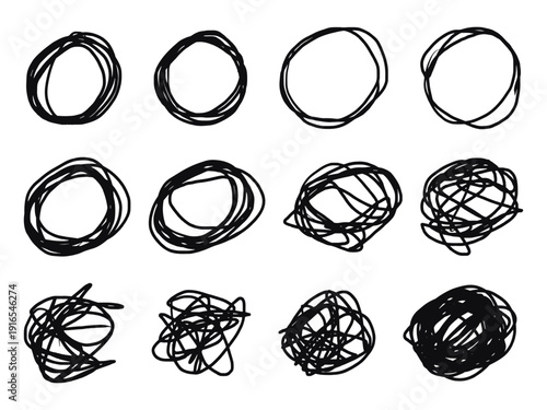 丸 フレーム 手描きスクリブル円セット 黒ラフ線サークル装飾アイコン 透過PNG対応デザイン強調素材ベクター / Circle Frame Hand Drawn Scribble Round Set Black Rough Line Doodle Vector Isolated Design Element for Highlight Decoration