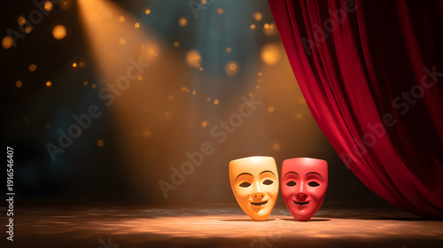 Dramatic theater stage with comedy and tragedy masks under spotlight, World Theatre Day concept