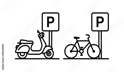 Vector illustration of a scooter and bicycle parked under parking signs on a with black outlines