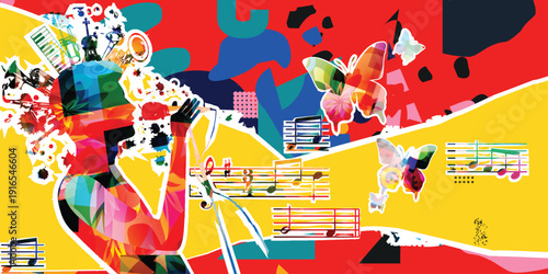 Maximalist Music Collage with Male Singer Silhouette, Musical Notes and Butterflies on Vibrant Red and Yellow Background