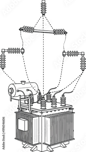 High Voltage Electrical Power Transformer Vector Illustration with Insulators and Transmission Line Components for Industrial Energy Distribution System Design